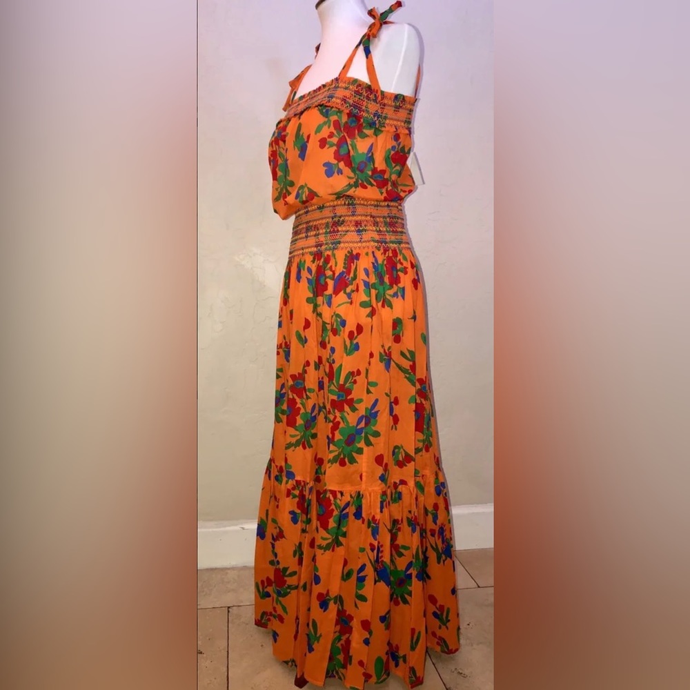 🎉HP🎉New! Tory Burch Orange Multi Toucan Tropical Smocked Dress Size L $448🌿🧡 - Picture 2 of 16